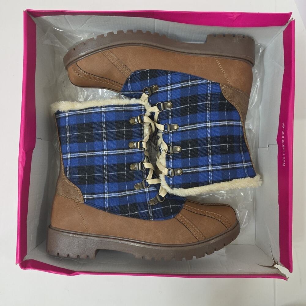Plaid Lace-Up Winter Duck Boots w/ Faux Fur Lining Size 9.5 Brown & Blue - Picture 10 of 10